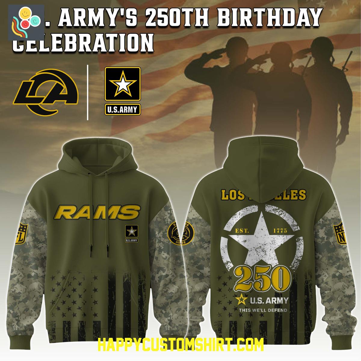 Los Angeles Rams Mix US Army 250th Anniversary Celebration Hoodie Los Angeles Rams Mix US Army 250th Anniversary Celebration Hoodie
