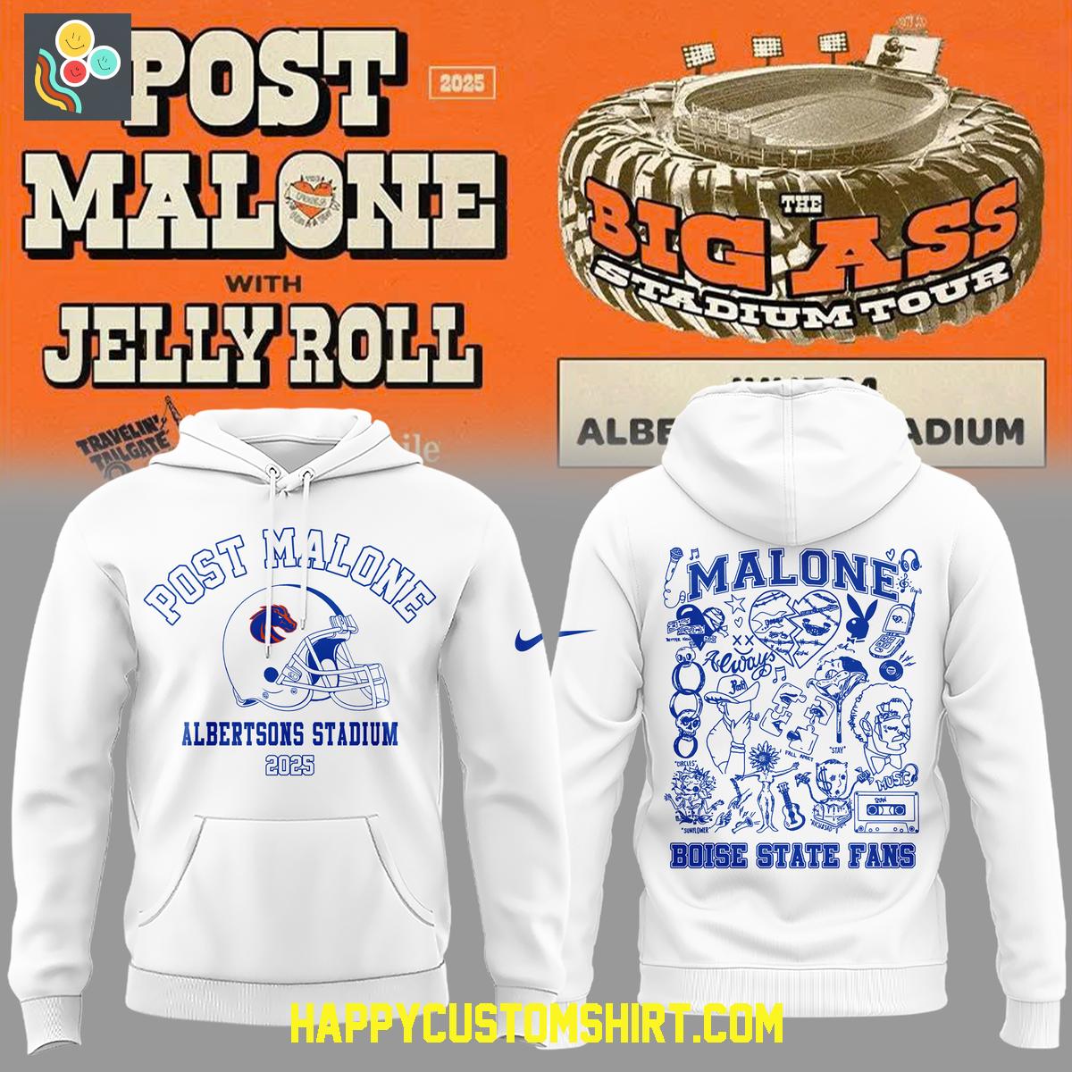 Post Malone Boise State Broncos The Big Ass Stadium Tour White Hoodie Shirt Post Malone Boise State Broncos The Big Ass Stadium Tour White Hoodie Shirt