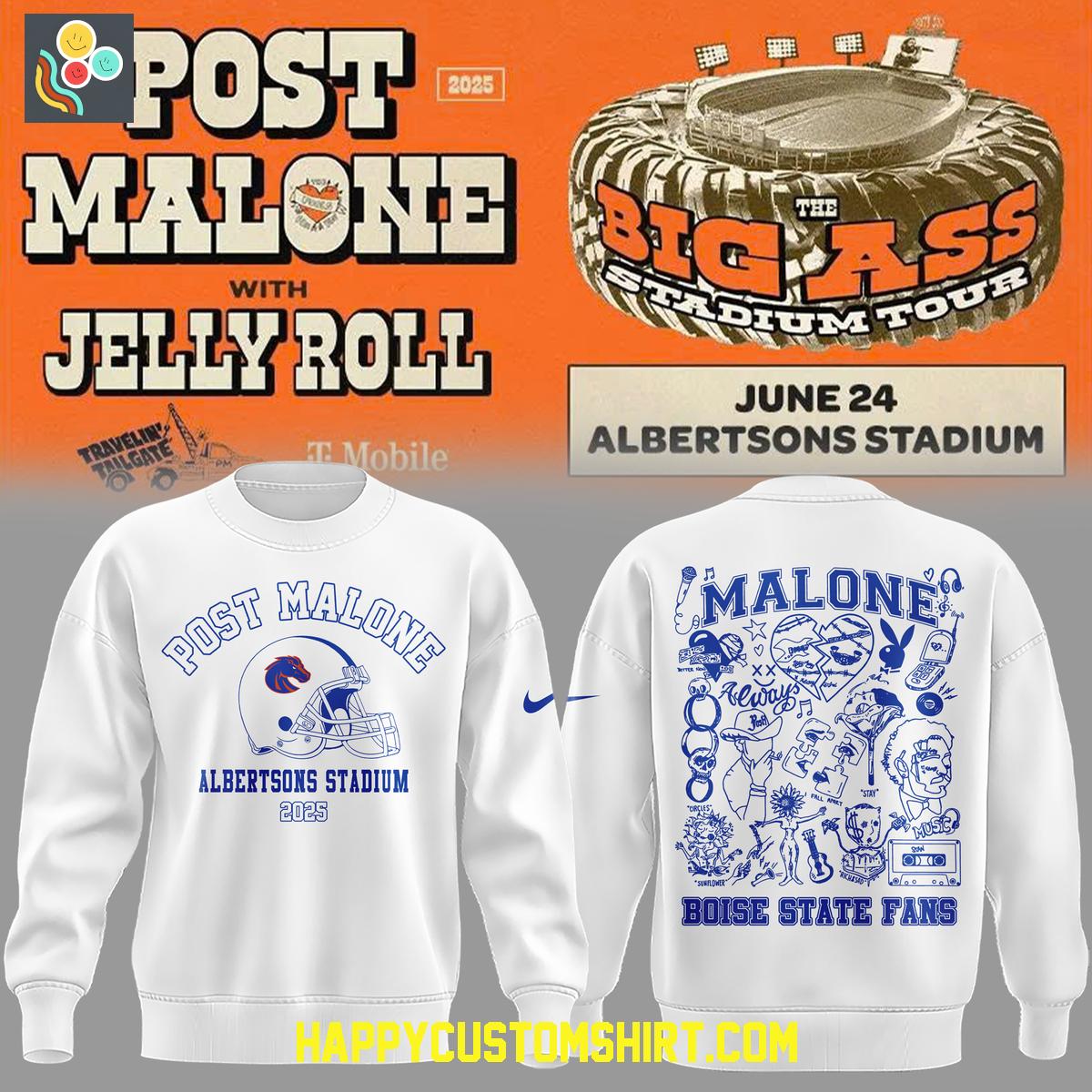 Post Malone Boise State Broncos The Big Ass Stadium Tour White Hoodie Shirt Post Malone Boise State Broncos The Big Ass Stadium Tour White Hoodie Shirt